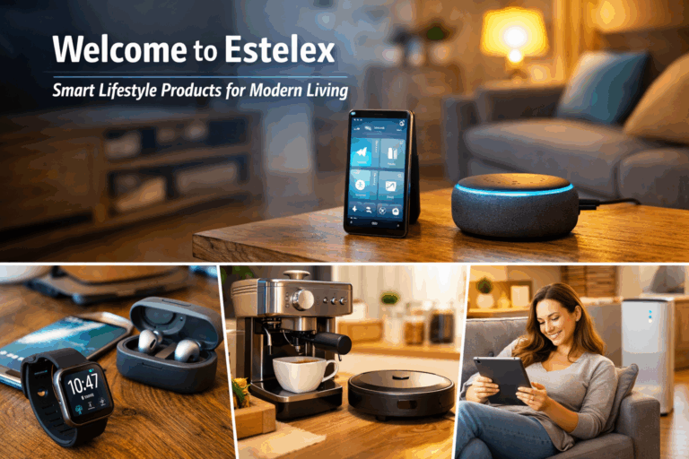 Smart lifestyle products for modern living including smart speaker, wearable tech, coffee maker, and robotic vacuum in a bright, cozy living room.