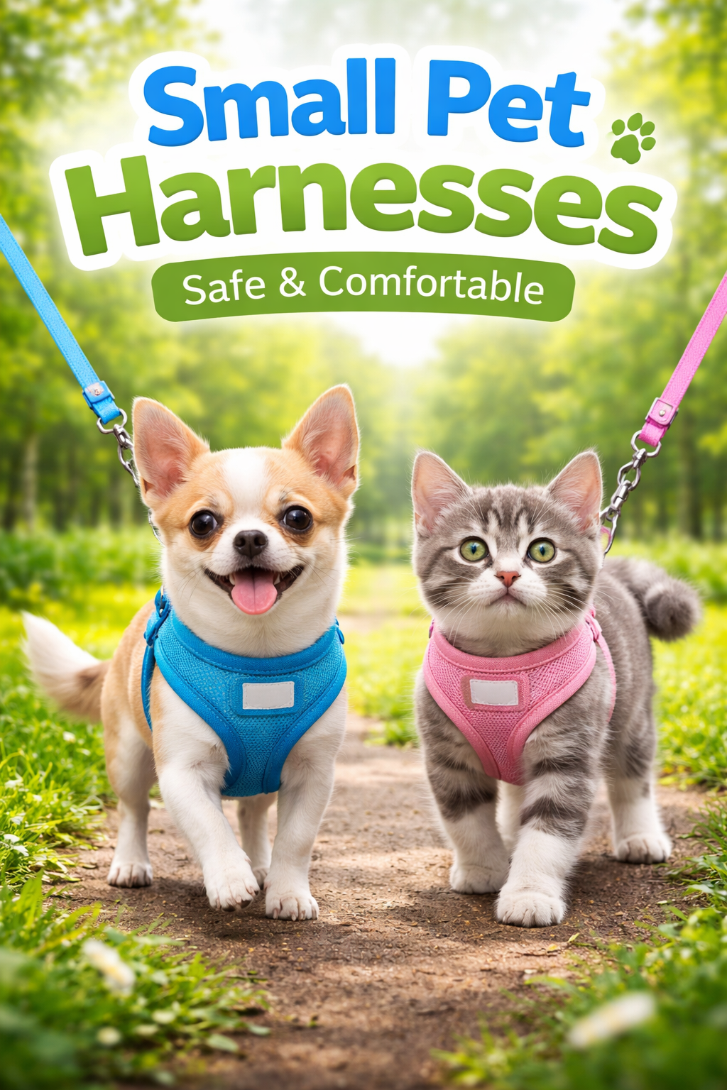 Small pet harness worn by a small dog and kitten for safe and comfortable walking